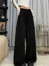 カジュアルな黒のワークパンツ【春用・フィット・ハイウエスト・ワイドレッグ】（セットアップ対応）