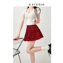 大きいサイズの赤いドット柄ハイウエストスカート【夏用・フレア・ふんわりデザイン】（セットアップ対応）