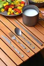 CIEUIS アウトドアキャンプ用携帯食器セット【純チタン・フォーク・スプーン・箸・ボウル付き】