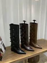 高ヒールポインテッドトゥブラウンミッドカーフブーツ【長筒デザイン・秋冬向け】