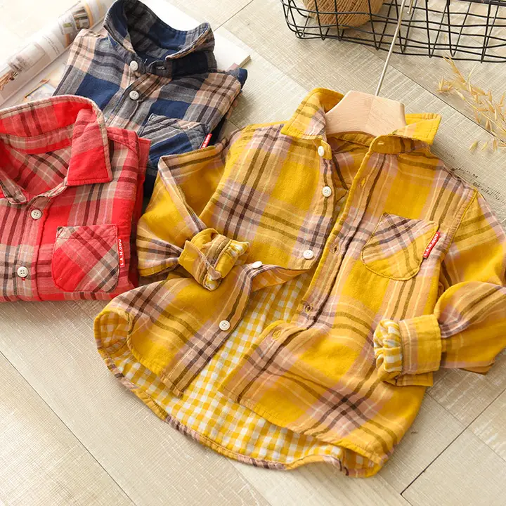 極上の柔らかさの子供用コットン ダブルガーゼシャツ【男女兼用・チェック柄・春秋用】（セットアップ対応）
