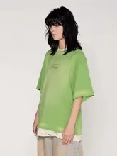 絶妙なグリーンのコントラストデザイン・ダメージ加工の短袖Tシャツ【ウォッシュ加工・ユーズド感あり】