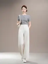 高級感あるミルクホワイトのスリムワイドパンツ【ハイウエスト・レディース用・トレンドデザイン】