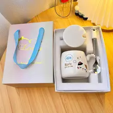 可愛い猫デザインの陶器製マグカップ【蓋付き・スプーン付き・家庭用・コーヒー・ミルク】