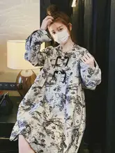 中式水墨画デザインのワンピース【パンダボタン・小柄向け・国風】