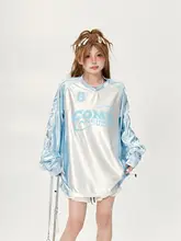 ラグビー風 ブルー ショルダー付き長袖Tシャツ【オーバーサイズ・ラミネートデザイン】