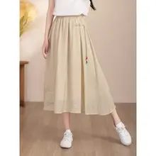 夏用 レディース Aラインスカート【中国風・刺繍デザイン・ルーズフィット・ミディ丈】