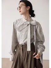 ストライプ柄リボン付き長袖シャツ【秋用・女性・おしゃれデザイン】（セットアップ対応）