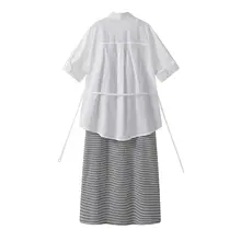 韓国風レトロ夏用ストライプワンピース＆ショートスリーブシャツ（セットアップ対応）