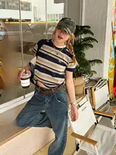 ストライプ柄シンプルなウィメンズ短袖Tシャツ【夏用・ルーズフィット・カジュアル】（セットアップ対応）