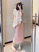 夏用スリムフィットのピンクのチュニックスカート【リブデザイン・ハイウエスト・スリット入り】