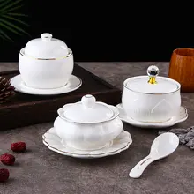 欧風金縁陶器スープボウル【蓋付き・デザート用・蒸し料理用】
