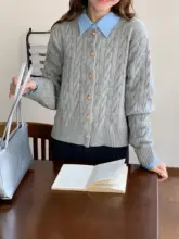 グレー 編み込みカーディガン レディース秋冬用【ボタン付き・短丈・ニットジャケット】