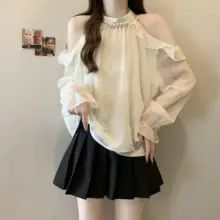 大きいサイズ フレンチスタイル ノースリーブ長袖ブラウス【春用・シフォン・オフショルダー】