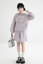 紫色フード付きUVカット薄手防止衣【夏用・女性・ショートパンツ・デザイン】（セットアップ対応）