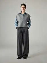 ウール製 オーバーサイズシャツ＆ニットベスト重ね着【秋春用・レトロデザイン・女性用】