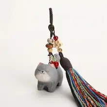 手作り木彫りの小さな青い猫のキーホルダー【バッグやリュックに最適】