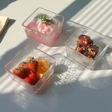 清新なデザインの四角いガラスボウル【アイスクリーム・デザート・フルーツ・朝食用・サラダ用】