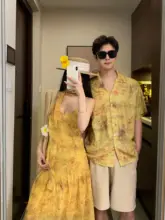 夏向けカップルコーデ【イエローグラデーション・フラワープリント・ロングスカート・トップス】（セットアップ対応）