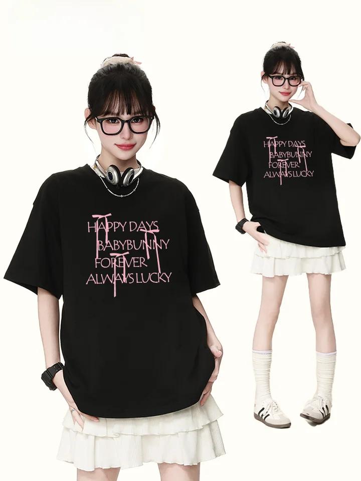 可愛いリボン＆アルファベットプリントのコットン半袖Tシャツ【夏用・ゆったりシルエット】