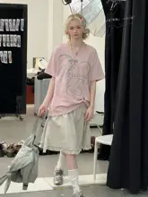 夏用Vネック字母プリントTシャツ【ピンク・ゆったりシルエット・短袖】