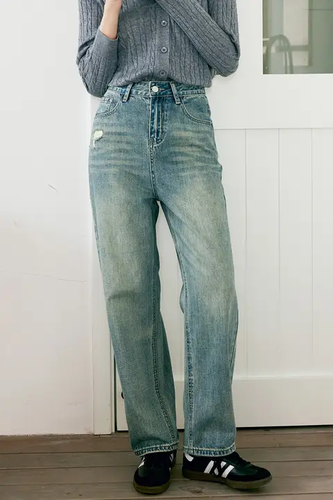 ヴィンテージ風ストレートデニムパンツ【ブルーグリーン・スリムフィット】