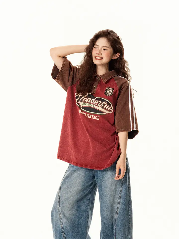 半袖Tシャツ レディース ポロカラー ヴィンテージ プレッピースタイル 着回し おしゃれ オーバーサイズ ペア 夏