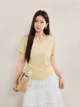 ラウンドネック短袖ニットTシャツ【極上の柔らかさ・ビーズ装飾・大きいサイズ・ファッション】（セットアップ対応）