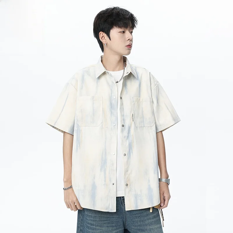 アメリカンスタイルのボタンダウンTシャツ【ザイ染め・流行の薄手・カジュアル・男性用・短袖】