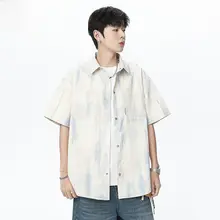 アメリカンスタイルのボタンダウンTシャツ【ザイ染め・流行の薄手・カジュアル・男性用・短袖】