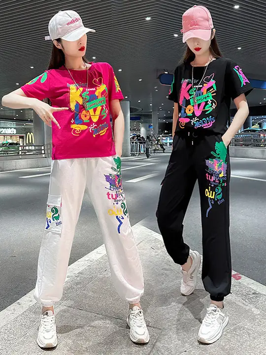 夏用コットン製ダンスウェア【プリントTシャツ・フィットネス用・束脚パンツ・運動カジュアル】（セットアップ対応）