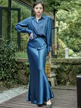 高見えフィッシュテールスカート【シルク100%、ブルー、コーディネートしやすい】