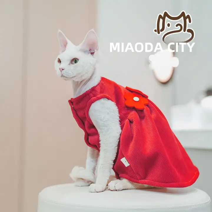 猫服 ワンピース 無毛猫 デボンレックス用 両面起毛 プリンセス風 赤 春