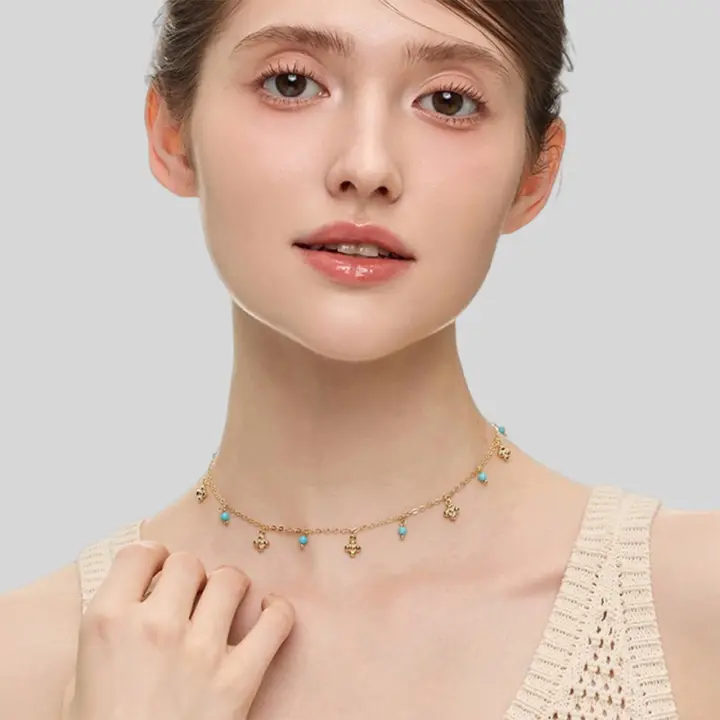 緑松石デザインの花モチーフネックレス【ゴールド・レトロスタイル・女性用】