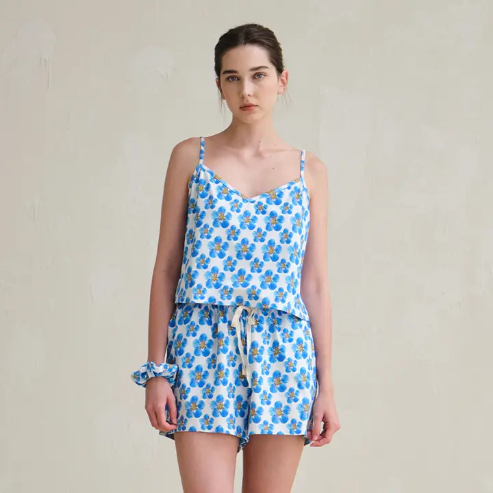 夏用コットン印花キャミソールとショートパンツのルームウェア【Vネック・セクシーなバックオープン・二色展開】（セットアップ対応）