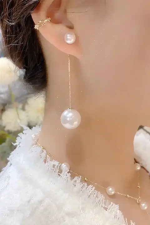 波西米ア風のロングパールイヤリング【シンプルで洗練されたデザイン】