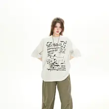 カジュアル印刷のゆったり半袖Tシャツ【女性用・韓国風・五部袖】