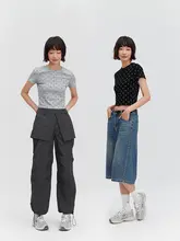 ODonedu 黒のドット印刷ストレッチショートTシャツ【女性用・夏・フィット・半袖】
