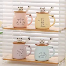 猫デザインの紫色セラミックマグカップ【蓋付き・スプーン付き】