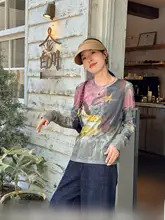 モネの庭柄長袖Tシャツ【女性用・デザイン性・スリム効果】