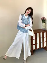 ブルー国風少女感コーディネート【春用・刺繍ベスト・シャツ・ワイドパンツ・三点組（セットアップ対応）】