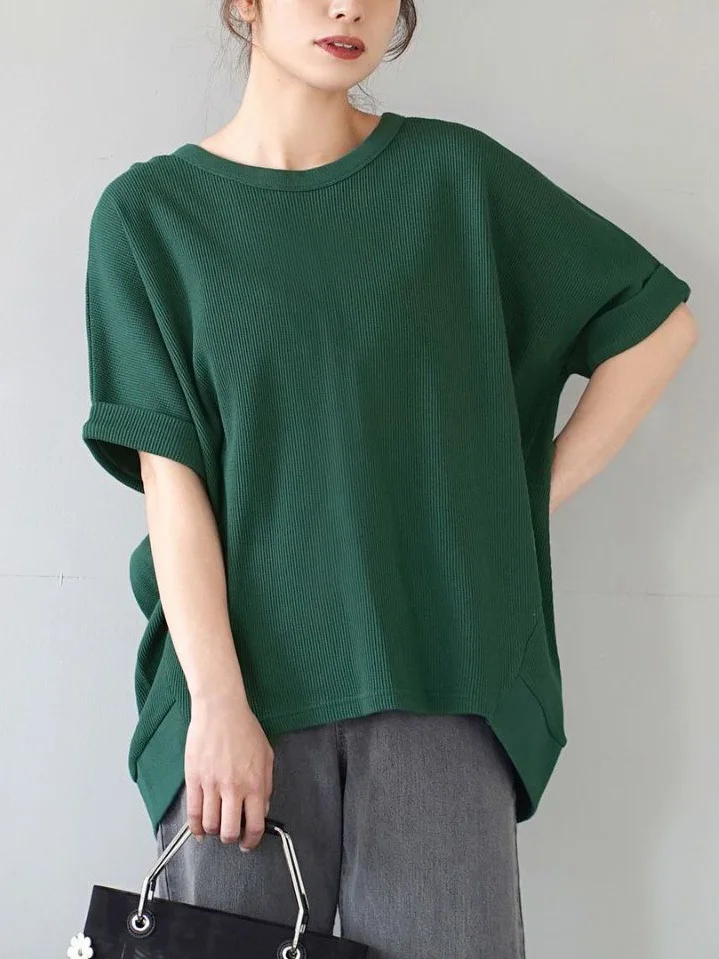 夏用コットン製 ワッフルデザインの丸首短袖Tシャツ【通気性・吸汗・フィット】 きれいめコーデに最適なアイテム