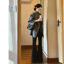 高身長向け ブラックハイウエスト フレアデニムパンツ【秋冬用・ストレッチ・ゆったりシルエット】