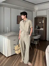 ストライプデザインのカジュアルシャツ【男性用・ハングルスタイル・フード付き・フィット】（セットアップ対応）