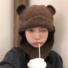 ハートボタン付きクマ耳毛糸帽子【保温・耳あて・カップル向け】