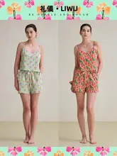 夏用コットン印花キャミソ ールとショートパンツのルームウェア【Vネック・セクシーなバックオープン・二色展開】（セットアップ対応）