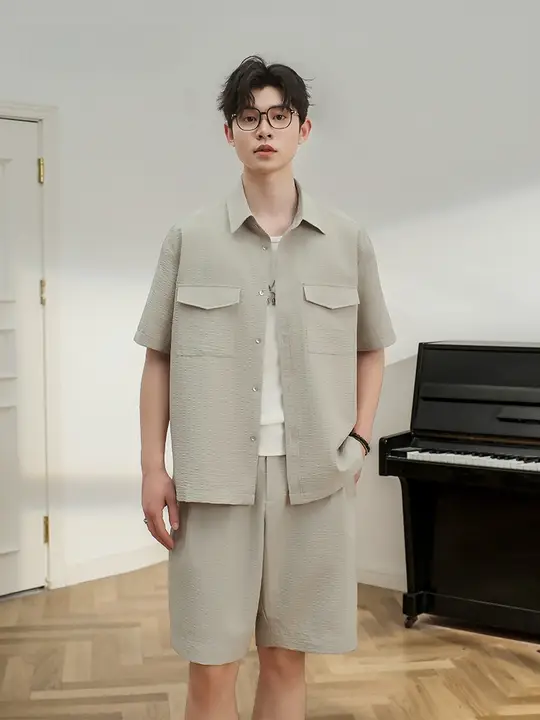 2点セット メンズ 半袖 シャツジャケット ショートパンツ 凹凸テクスチャー ドレープ 薄手 夏 おしゃれ