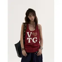 ヴィンテージ風プリントノースリーブTシャツ【フィット・夏用・女性用】（セットアップ対応）