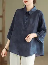 文芸的なレトロ花柄コットンリネン中袖シャツ【夏用・ゆったり・カジュアル・ママ向け】