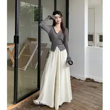 新中式スタイルのウエストハイワイドレッグパンツ【感溢れるドラッグ丈】